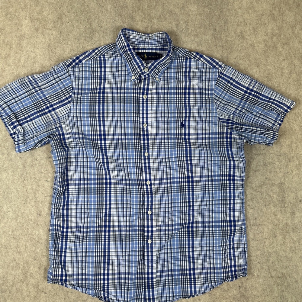 Ralph Lauren Large Blue White Plaid Short Sleeve Button Down Shirt Cotton Pony